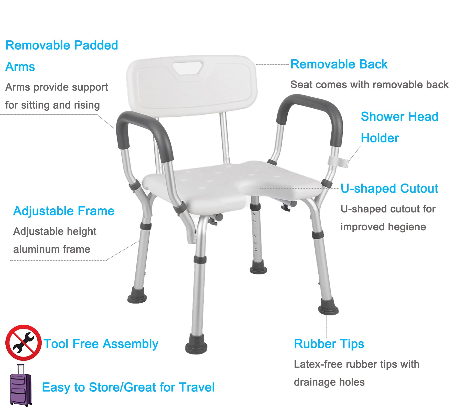 DECTRII Shower Chair with Back and Arms, 300 LBS Heavy Duty Shower Bath Seat for Handicap, Padded Bathtub Chair with Handles Shower Cutout Seat for Disabled, Seniors & Elderly