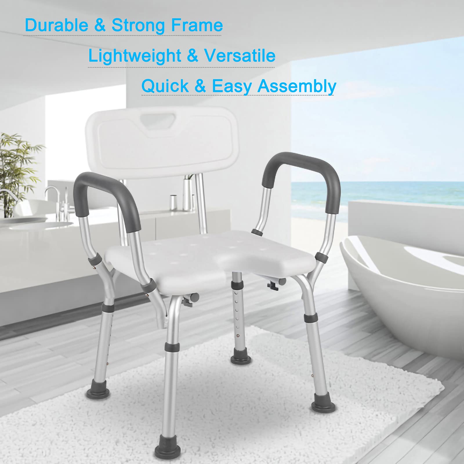 DECTRII Shower Chair with Back and Arms, 300 LBS Heavy Duty Shower Bath Seat for Handicap, Padded Bathtub Chair with Handles Shower Cutout Seat for Disabled, Seniors & Elderly