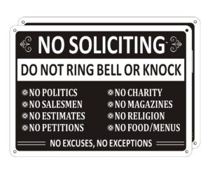 no soliciting sign for house (2 pack), metal do not ring bell sign, aluminum no soliciting signs for home, no solicitation sign for door, no salesmen sign, no solicitors sign, weather proof, rust free (10" x 7")