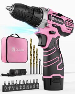 pink drill, oubel 12v pink cordless drill set, pink drill set for women, power drill, 2.0ah battery, 18+1 torque setting, 3/8" keyless chuck, 2 variable speed, 15pcs driver/drill bits and storage bag