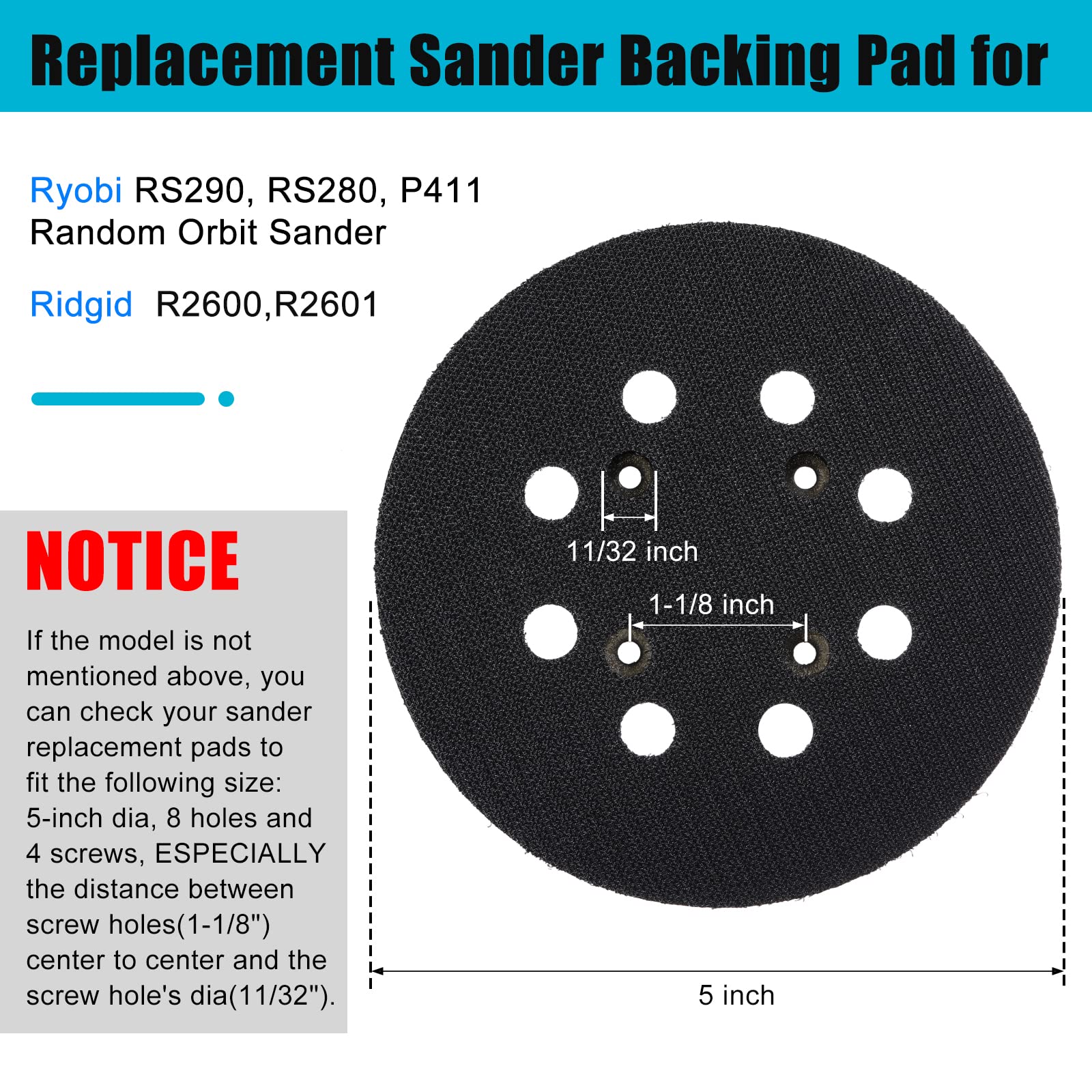 2 Pieces 5 Inch 8 Hole Hook and Loop Orbital Sander Replacement Pad Backing Pad (Black,)