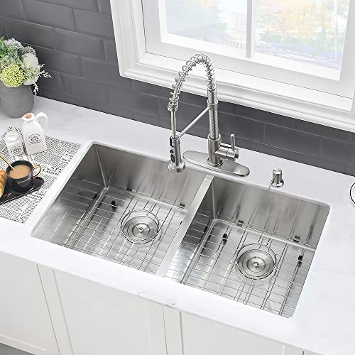 33 Undermount Kitchen Sink Double Bowl -VASOYO 33x19 Undermount Stainless Steel Kitchen Sink 16 Gauge Deep 50/50 Undermount Double Bowl Kitchen Sink with Cutting Board