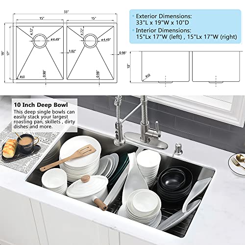 33 Undermount Kitchen Sink Double Bowl -VASOYO 33x19 Undermount Stainless Steel Kitchen Sink 16 Gauge Deep 50/50 Undermount Double Bowl Kitchen Sink with Cutting Board