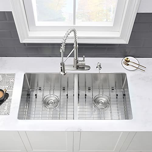 33 Undermount Kitchen Sink Double Bowl -VASOYO 33x19 Undermount Stainless Steel Kitchen Sink 16 Gauge Deep 50/50 Undermount Double Bowl Kitchen Sink with Cutting Board