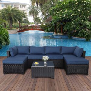 lviden 7 pieces outdoor pe wicker furniture set patio rattan sectional conversation sofa set with navy blue cushions and glass top table