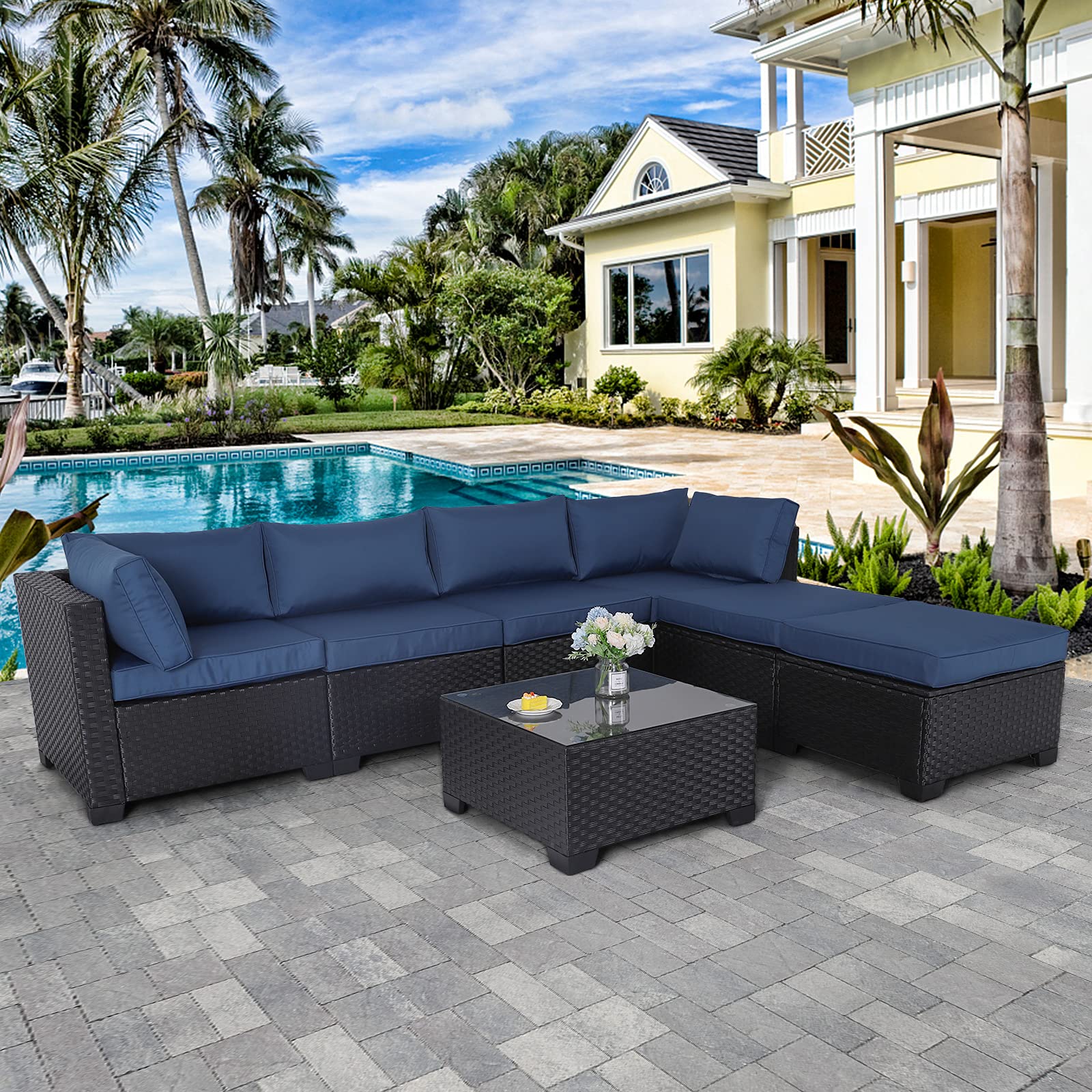 Lviden 7 Pieces Outdoor PE Wicker Furniture Set Patio Rattan Sectional Conversation Sofa Set with Navy Blue Cushions and Glass Top Table