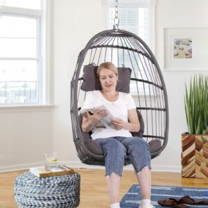 patiorama indoor outdoor egg swing chair with stand, patio grey wicker rattan hanging chair with rope back, cushion,cover,all weather foldable hammock chair for bedroom, porch, garden (dark grey)