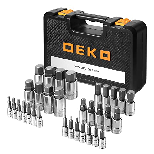 DEKOPRO 32 Pieces Hex Bit Socket Set, 1/4'', 3/8', 1/2'' Drive Socket Set, SAE and Metric, S2 & Cr-V Steel