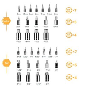 DEKOPRO 32 Pieces Hex Bit Socket Set, 1/4'', 3/8', 1/2'' Drive Socket Set, SAE and Metric, S2 & Cr-V Steel