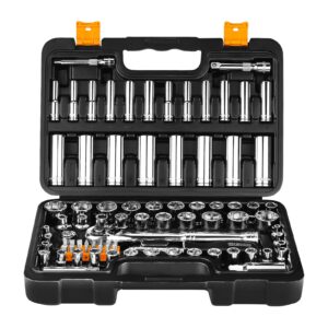 dekopro socket set, 85-piece 1/4" and 3/8" drive socket wrench set with quick-release ratchet,metric and sae,spinner handle,adaptor,screwdriver set,extension,for auto repairing & household