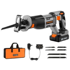 worksite reciprocating saw, 20v cordless reciprocating saw w/2.0ah battery & charger, 0-3000 spm variable speed trigger, 6 saw blades for wood/metal/pvc pipe cutting
