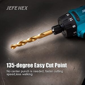 JEFE HEX 3/8" Inch Hex Shank with Titanium Coating Twist Drill Bits, 135 Degree Easy Cut Split Point Drill Bits (Pack of 6)