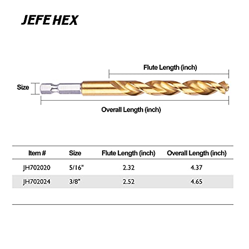 JEFE HEX 3/8" Inch Hex Shank with Titanium Coating Twist Drill Bits, 135 Degree Easy Cut Split Point Drill Bits (Pack of 6)