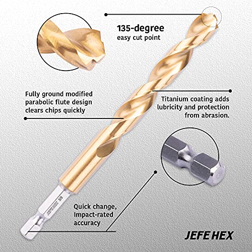 JEFE HEX 3/8" Inch Hex Shank with Titanium Coating Twist Drill Bits, 135 Degree Easy Cut Split Point Drill Bits (Pack of 6)