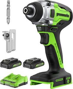 greenworks 24v brushless cordless impact driver kit, 2650 in./lbs torque 1/4-inch hex, variable speed impact drill/driver set, included power bank, bits and tool bag