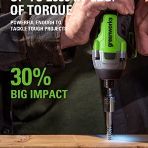 Greenworks 24V Brushless Cordless Impact Driver Kit, 2650 in./lbs Torque 1/4-inch Hex, Variable Speed Impact Drill/Driver Set, Included Power Bank, Bits and Tool Bag