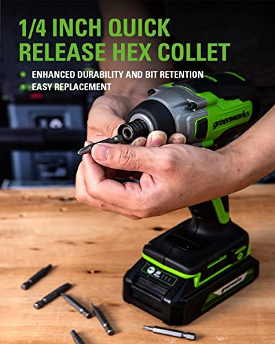 Greenworks 24V Brushless Cordless Impact Driver Kit, 2650 in./lbs Torque 1/4-inch Hex, Variable Speed Impact Drill/Driver Set, Included Power Bank, Bits and Tool Bag