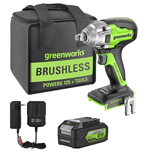 Greenworks 24V Brushless 1/2" Cordless Impact Wrench (3 Speed / 300 ft.-lbs. / LED Light), 4.0Ah Battery and Compact Charger Included