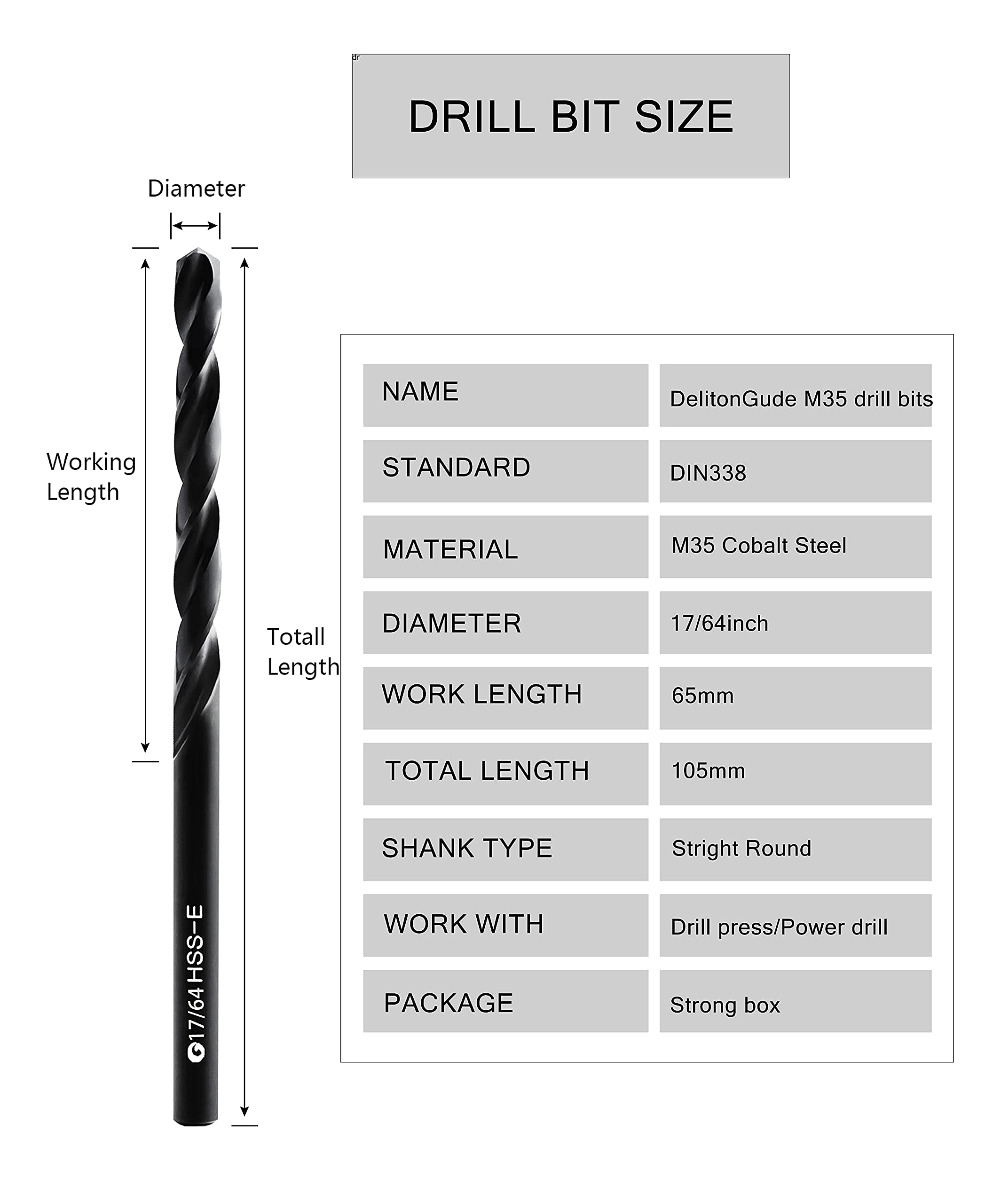 DelitonGude 17/64"inch HSS M35 Cobalt Twist Drill Bit,High Speed Steel,Pack of 5,Suitable for Steels,Cast Iron,Stainless Steel,Copper and Other Hard Metals（17/64inch）