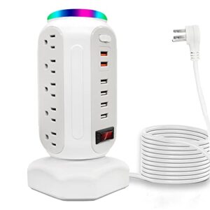 power strip tower 15 outlets 6 usb ports, surge protector with colorful led light & usb fast charger,desktop charging station with 6.5ft heavy duty extension cord for home office(white)