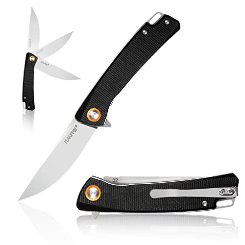 Tunafire Folding Pocket Knife for Men,Utility Knife with 3 inch D2 Steel Blade Micarta Handle,EDC Tactical Knife with Clip for Outdoor Hunting Survival Camping (Black)