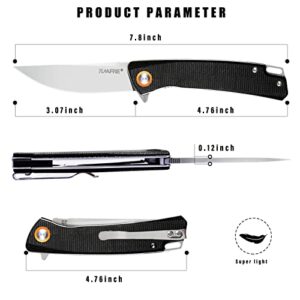 Tunafire Folding Pocket Knife for Men,Utility Knife with 3 inch D2 Steel Blade Micarta Handle,EDC Tactical Knife with Clip for Outdoor Hunting Survival Camping (Black)