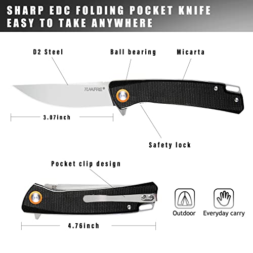 Tunafire Folding Pocket Knife for Men,Utility Knife with 3 inch D2 Steel Blade Micarta Handle,EDC Tactical Knife with Clip for Outdoor Hunting Survival Camping (Black)