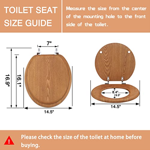 Wood Toilet Seat Round with Zinc Alloy Metal Hinges, Wooden Toilet Seat for American Standard Size Toilet Seats, Easy to Install, Wood