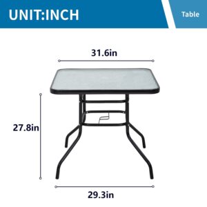 FDW Bistro, Outdoor Dining Square Tempered Glass Patio Table with Umbrella Hole for Lawn Balcony Yard, Black