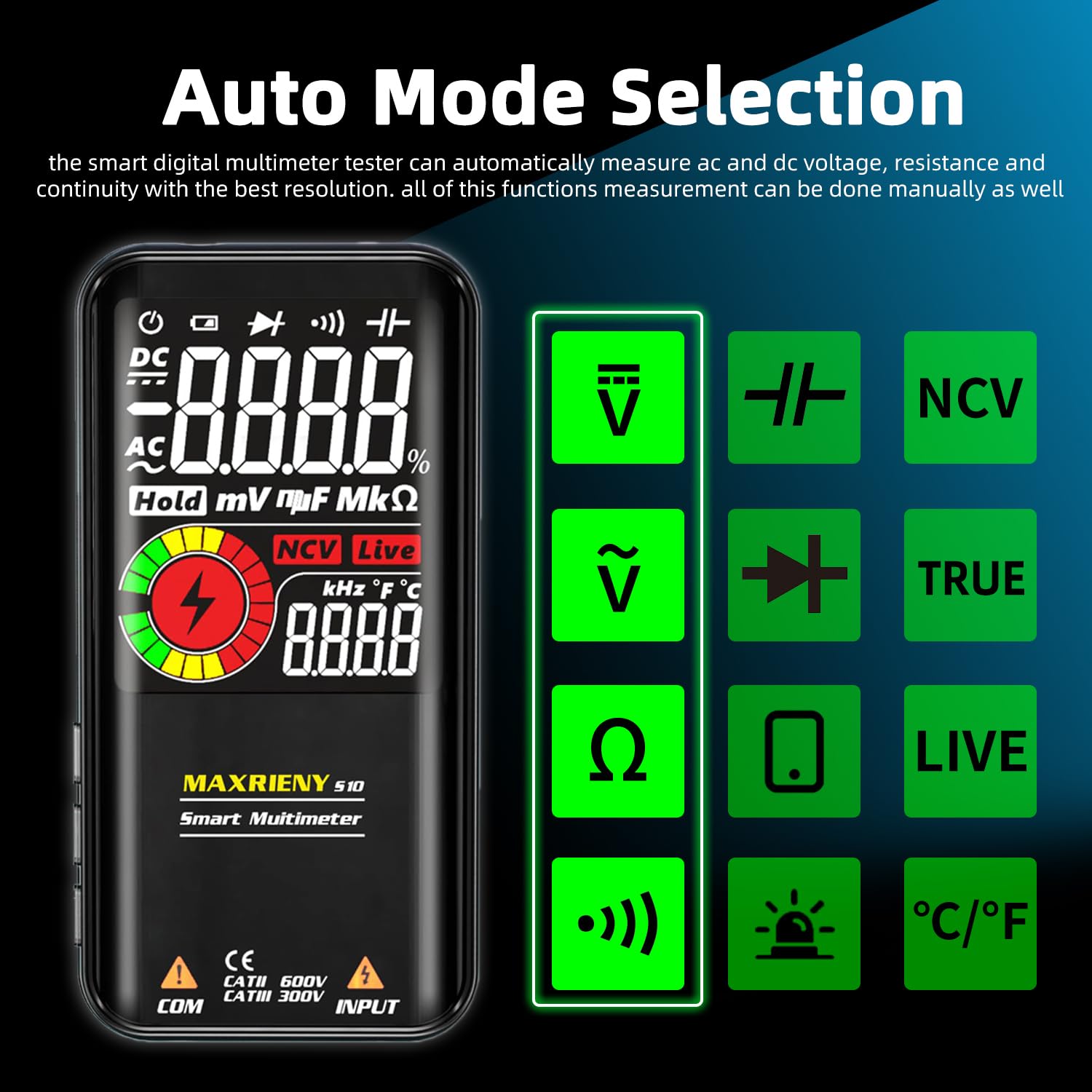 MAXRIENY Digital Multimeter, Color LCD with Smart Mode, 3 Results Display 9999 Counts Auto-Ranging Pocket Voltmeter Capacitance Ohm Continuity Frequency Diode Duty Cycle Live Check Voltage Tester