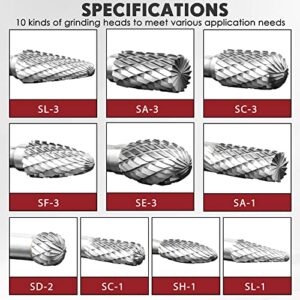 WHISTECK Carbide Burrs Set, 10 Pcs Double Cut Solid Tungsten Carbide Rotary Burr Set, 1/4 Inch Shank Die Grinder Bits, Rotary File for Die Grinder Metal Carving, Polishing, Engraving, Drilling