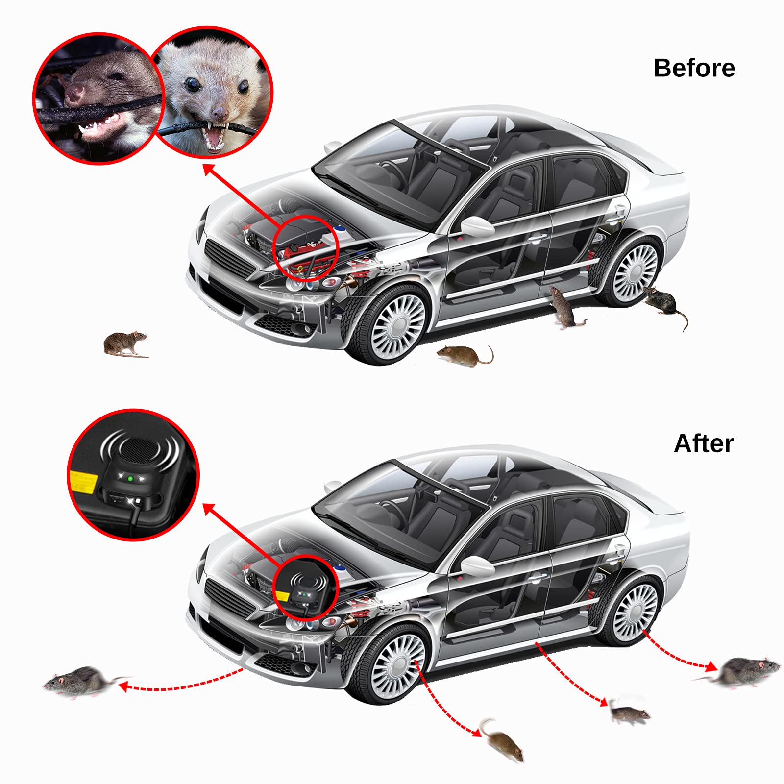 Loraffe Ultrasonic Rodent Repellers Bundle, 12V Under Hood Animal Repellers, Plug in Rodent Repeller for Indoor Use, Vehicle and Garage Rodent Defense Pest Control
