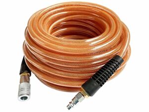 sanfu polyurethane(pu) reinforced 3/8”id x 100ft air hose, 300psi wear resistant with 3/8” reassembled industrial quick coupler and plug, bend restrictor, brown(100’)