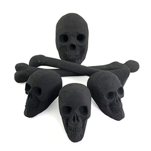 ceramic fireproof skulls and crossbones bundle for indoor and outdoor fire pits and fireplaces | 1 full size skull, 3 mini skulls and 2 ceramic crossbones | black color