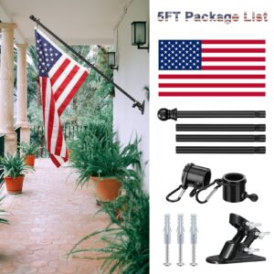 Flag Pole for House with American Flag-Black Flagpoles Residential Kit with 5FT Tangle Free Metal Flag Poles,3x5 Embroidered US Flag and Holder Bracket,Stainless Steel for Outside Porch,Outdoor,Boat