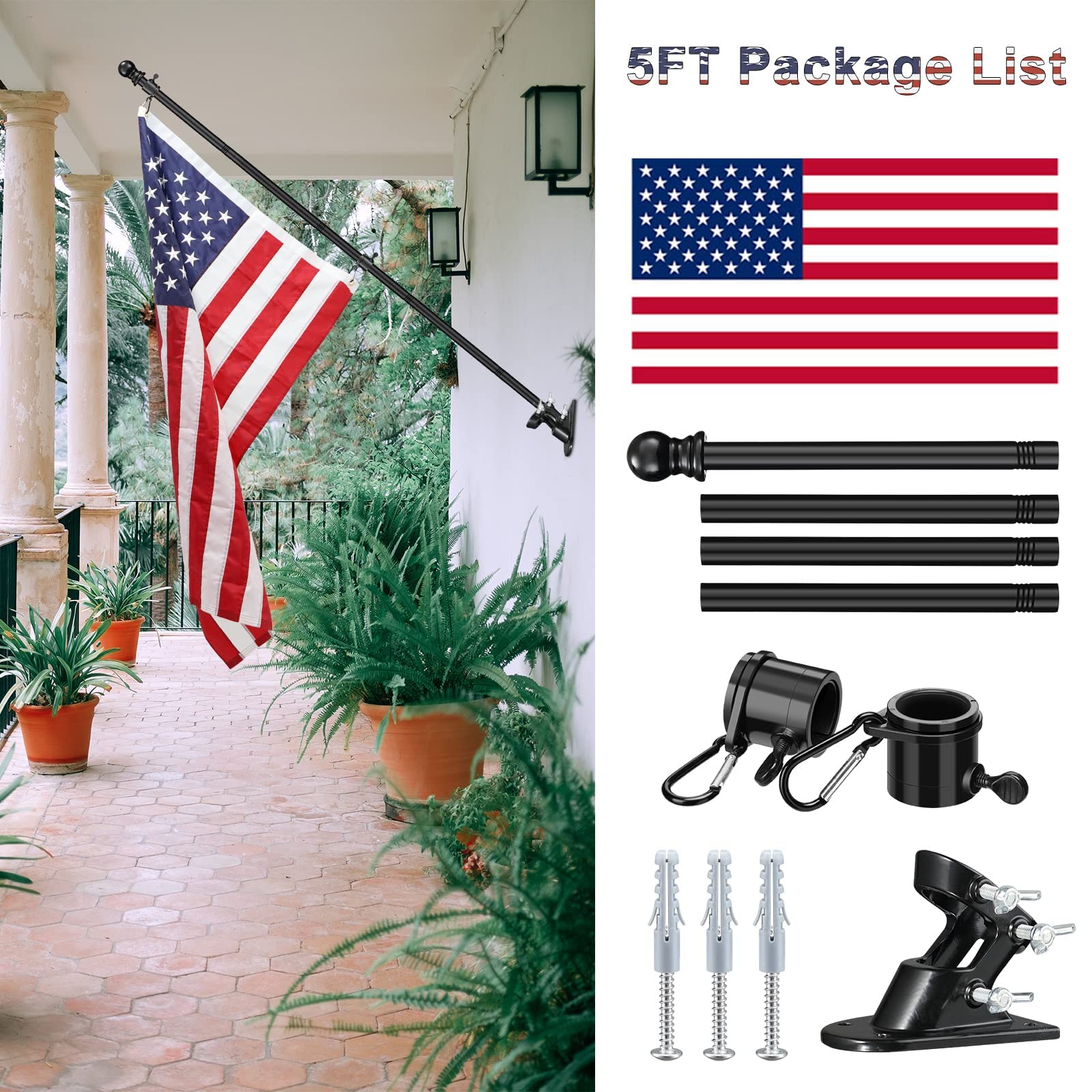 Flag Pole for House with American Flag-Black Flagpoles Residential Kit with 5FT Tangle Free Metal Flag Poles,3x5 Embroidered US Flag and Holder Bracket,Stainless Steel for Outside Porch,Outdoor,Boat