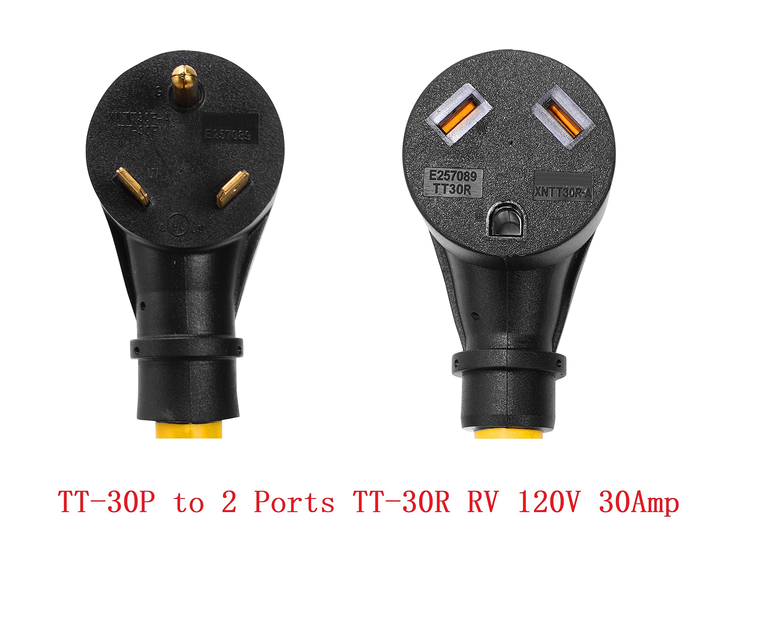 ONETAK NEMA TT-30P to 2 Outlet TT-30R Y Splitter STW 3 Feet 3 Prong Plug Receptacle Female 120V 30 Amp Generator RV Power Cord Adapter