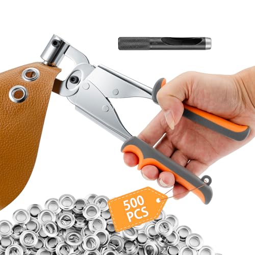 Grommet Tool Kit Eyelet Plier - Ecraft 3/8 Inch(10mm) Grommet Press Handheld Puncher Plier Kits with 500pcs Silver Grommets - Suitable for Punching Banners, Tarpaulin, Tents