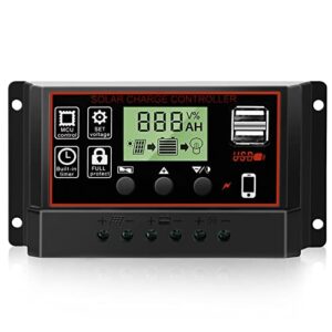 lybile solar charge controller, black charge controllers for solar panels with dual usb port 12v/24v pwm auto paremeter multi-function adjustable lcd display energy controller (30a)