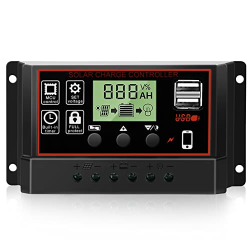 Lybile Solar Charge Controller, Black Charge Controllers for Solar Panels with Dual USB Port 12V/24V PWM Auto Paremeter Multi-Function Adjustable LCD Display Energy Controller (30A)