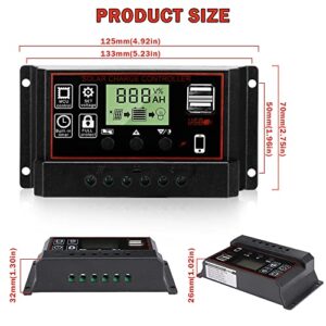 Lybile Solar Charge Controller, Black Charge Controllers for Solar Panels with Dual USB Port 12V/24V PWM Auto Paremeter Multi-Function Adjustable LCD Display Energy Controller (30A)