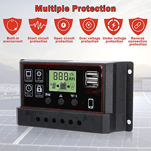 Lybile Solar Charge Controller, Black Charge Controllers for Solar Panels with Dual USB Port 12V/24V PWM Auto Paremeter Multi-Function Adjustable LCD Display Energy Controller (30A)