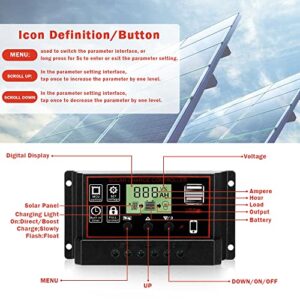 Lybile Solar Charge Controller, Black Charge Controllers for Solar Panels with Dual USB Port 12V/24V PWM Auto Paremeter Multi-Function Adjustable LCD Display Energy Controller (30A)