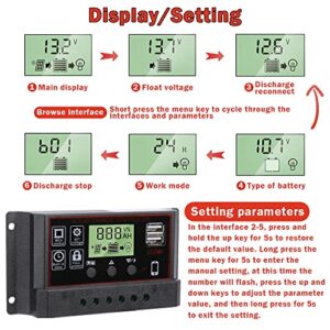 Lybile Solar Charge Controller, Black Charge Controllers for Solar Panels with Dual USB Port 12V/24V PWM Auto Paremeter Multi-Function Adjustable LCD Display Energy Controller (30A)