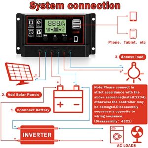 Lybile Solar Charge Controller, Black Charge Controllers for Solar Panels with Dual USB Port 12V/24V PWM Auto Paremeter Multi-Function Adjustable LCD Display Energy Controller (30A)