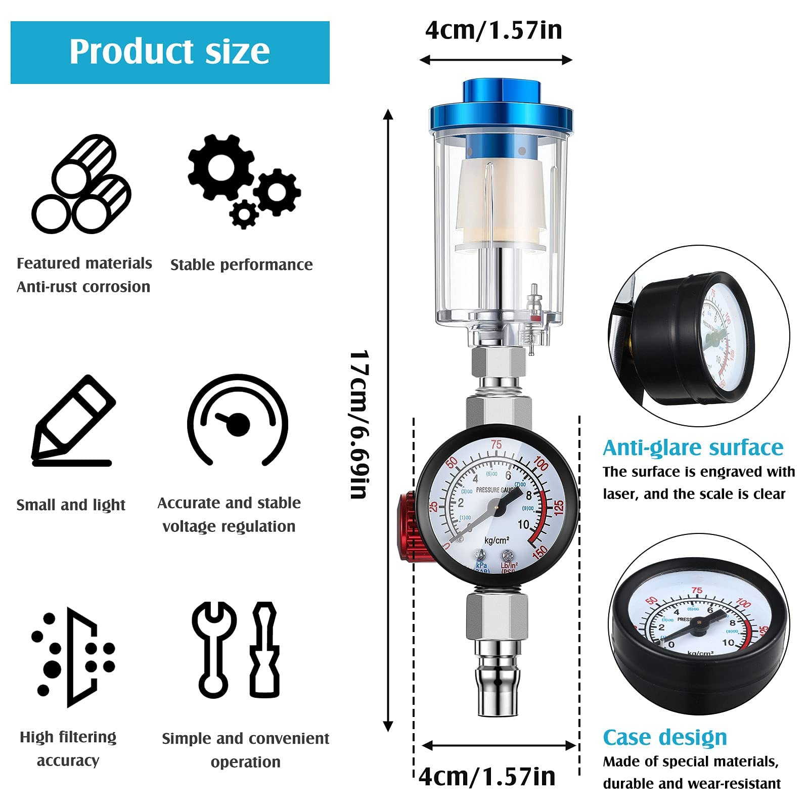 1/4 Inch Air Adjusting Regulator Valve with Pressure Gauge and Water Trap Filter, 2 Packs, Oil Separator Water Pressure Regulator Air Compressor Regulator for Air Spray Paint Gun Air Pressure Cleaner