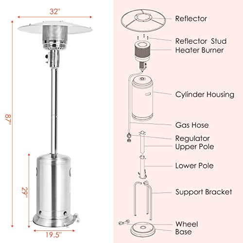 Giantex Patio Heaters for Outdoor Use, 48000 BTU Propane Outdoor Heaters with Wheels, Stainless Steel Outdoor Heat Lamp with Trip-over Protection & CSA Certified for Commercial and Household (Silver)