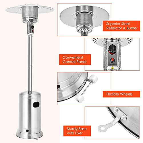 Giantex Patio Heaters for Outdoor Use, 48000 BTU Propane Outdoor Heaters with Wheels, Stainless Steel Outdoor Heat Lamp with Trip-over Protection & CSA Certified for Commercial and Household (Silver)