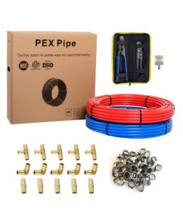 pex-b pipe1/2 inch(2 x75 ft=150 ft, red & blue) fitting diy kit, crimp fitting, clamp tool, clamps cutter &heavy-duty canvas bags