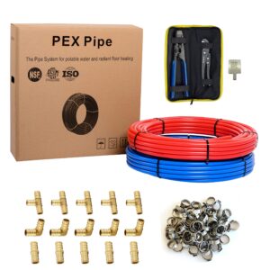 Pex-b Pipe1/2 Inch(2 x75 ft=150 ft, Red & Blue) Fitting DIY Kit, Crimp Fitting, Clamp Tool, Clamps Cutter &Heavy-Duty Canvas Bags
